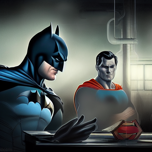 Batman and Superman looking over a table filled with high-tech gadgets in a dimly lit, underground laboratory.